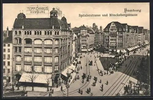 AK Hamburg, Spitalerstrasse und Mönckebergstrasse, Teppichhaus, aus der Vogelschau