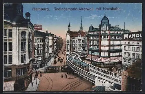 AK Hamburg, Rödingsmarkt-Alterwall mit Hochbahn & Strassenbahn