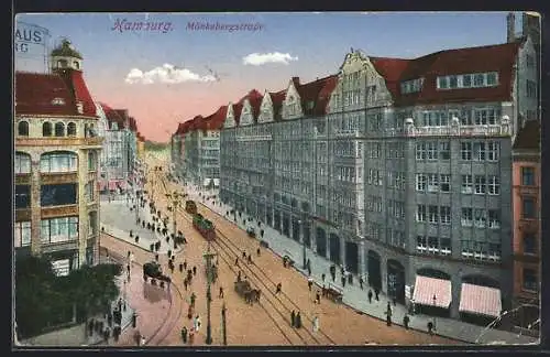 AK Hamburg, Mönkebergstrasse mit Strassenbahnen aus der Vogelschau