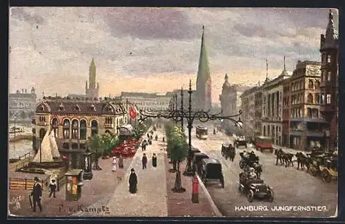 Künstler-AK Raphael Tuck & Sons Nr. 609: Hamburg-Neustadt, Jungfernstieg, Strassenbahn und Litfasssäule