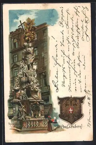 Lithographie Wien, Am Graben mit Denkmal, Wappen