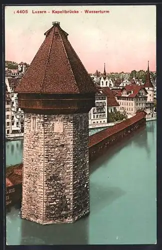 AK Luzern, Kapellbrücke und Wasserturm