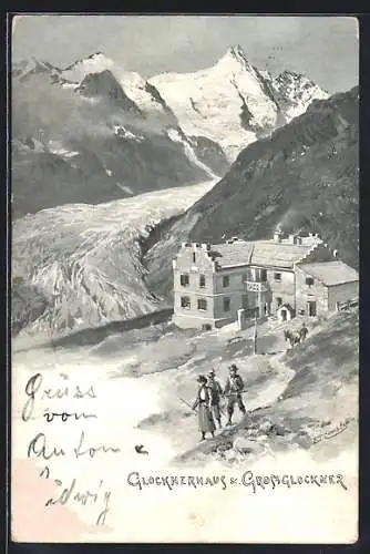 Künstler-AK Edward Theodore Compton: Glocknerhaus, Berghütte am Grossglockner, Bergsteiger