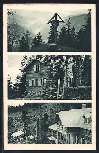 AK Naturfreundehaus, Berghütte am Öhler Ortsgruppe Puchberg am Schneeberg, Gipfelkreuz