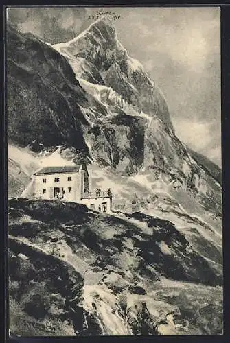 Künstler-AK Edward Theodore Compton: Mainzerhütte mit Umgebung, Berghütte