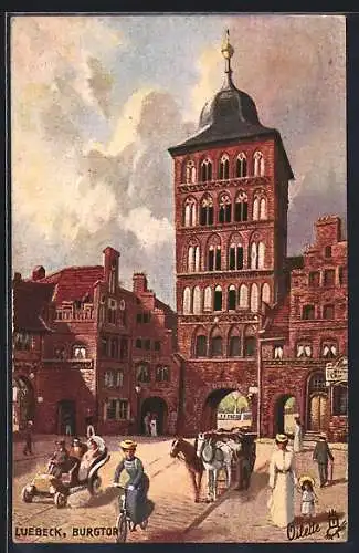 Künstler-AK Raphael Tuck & Sons: Lübeck, Pferdewagen und Auto am Burgtor