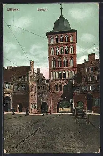 AK Lübeck, Strassenpartie mit Burgtor