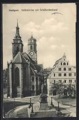 AK Stuttgart, Stiftskirche mit Schillerdenkmal