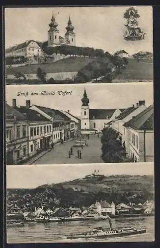 AK Maria Taferl, Blick zur Wallfahrtsbasilika, Dampfer auf der Donau