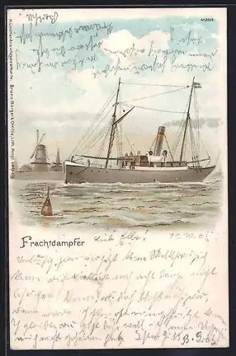 Lithographie Frachtdampfer an einer Flussmündung