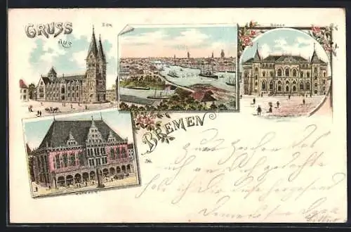 Lithographie Bremen, Rathaus, Dom, Börse, Hafen, Dampfschiff, Pferdebahn