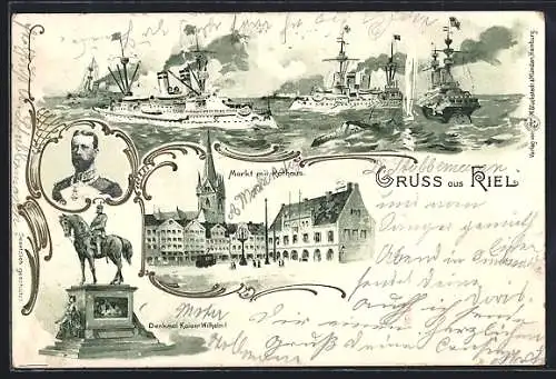 Lithographie Kiel, Markt mit Rathaus, Denkmal Kaiser Wilhelm I., Dampfschiffe