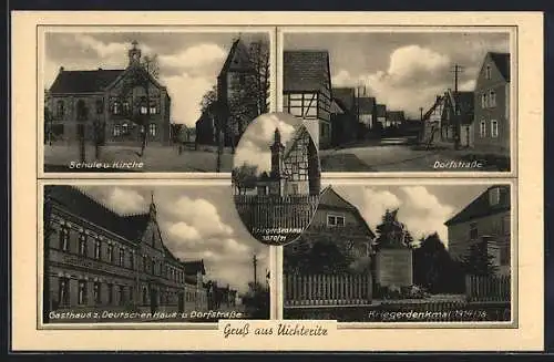 AK Uichteritz, Schule und Kirche, Gasthof zum Deutschen Haus, Dorfstrasse