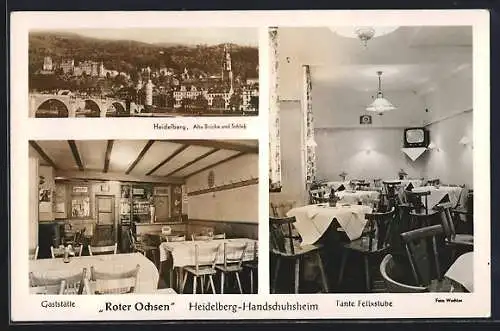 AK Heidelberg-Handschuhsheim, Gasthaus Roter Ochsen, Mühltalstr. 11, Innenansicht, Alte Brücke und Schloss