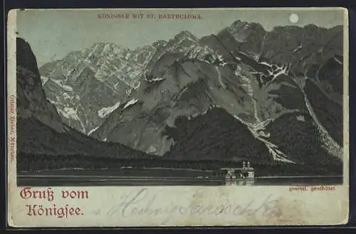 Mondschein-Lithographie St. Bartholomä am Königsee, Ortsansicht gegen die Berge