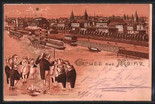 Lithographie Mainz, Totalansicht mit Chor aus Fröschen