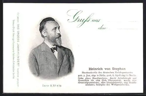 AK Heinrich von Stephan, Sekretär des deutschen Reichspostamtes, Postgeschichte