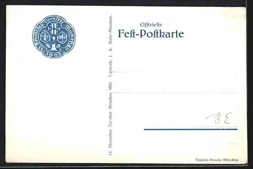 Künstler-AK München, 13. Deutsches Turnfest 1923, Ritter zu Pferd mit Fahne