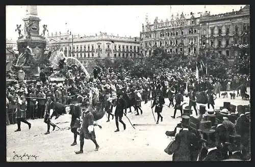 AK Leipzig, Historischer Festzug zur Universitäts-Jubelfeier am 30. Juli 1909, studentische Szene