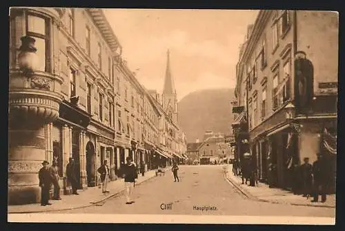 AK Cilli, Hauptplatz mit Passanten und Kirche