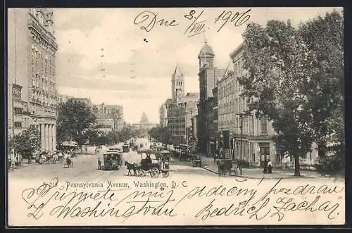 AK Washington D.C., Pennsylvania Avenue, Strassenbahn, Pferdekutsche