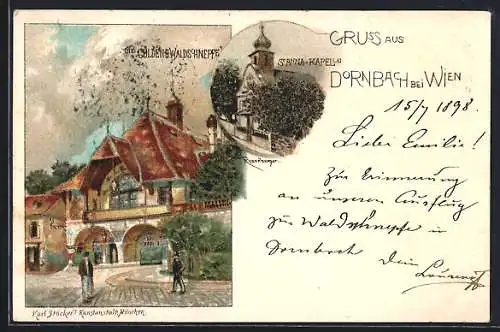 Künstler-AK Dornbach bei Wien, Gasthaus Guldene Waldschnepfe und St. Anna-Kapelle