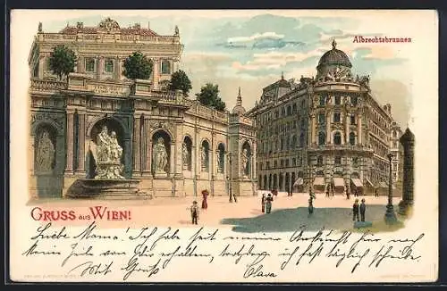 Lithographie Wien, Passanten am Albrechtsbrunnen