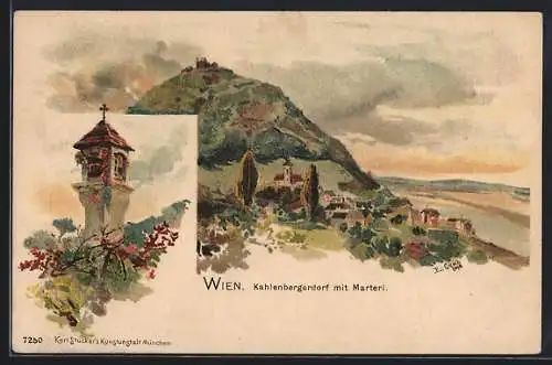 Lithographie Kahlenbergerdorf, Ort mit Marteri