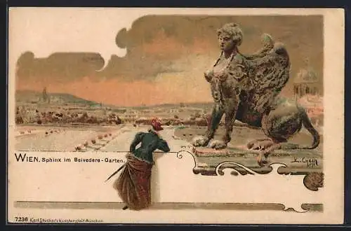 Künstler-AK Emil Czech: Wien, Sphinx im Belvedere-Garten