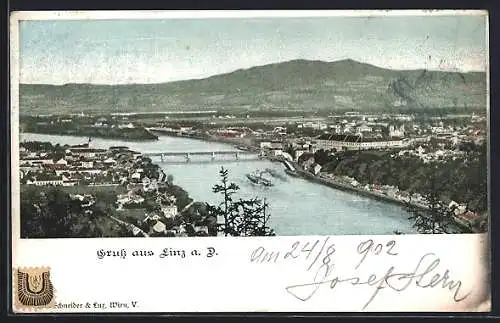 AK Linz a. d. Donau, Ortsansicht aus der Vogelschau