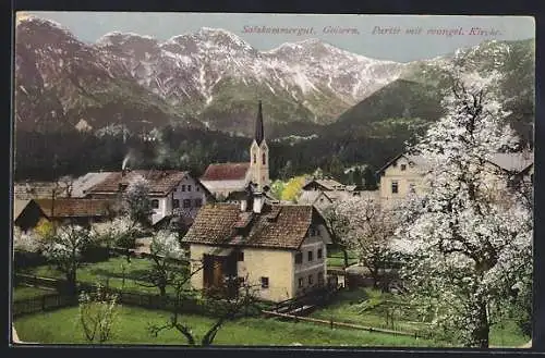 AK Goisern, Partie an der evang. Kirche im Frühling