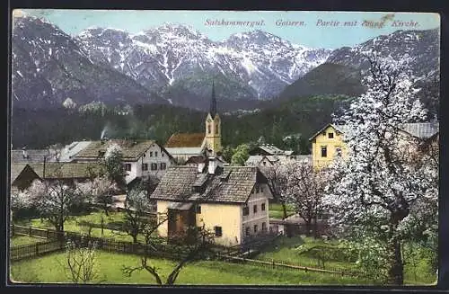 AK Goisern, Partie an der evang. Kirche im Frühling