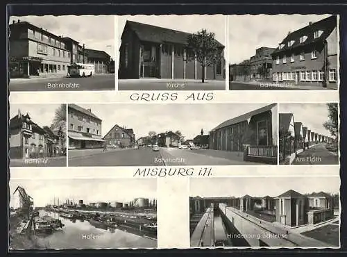 AK Misburg, Bahnhofstr., Bahnhof, Hindenburg Schleuse, Hafen, Kirche und Am Flöth