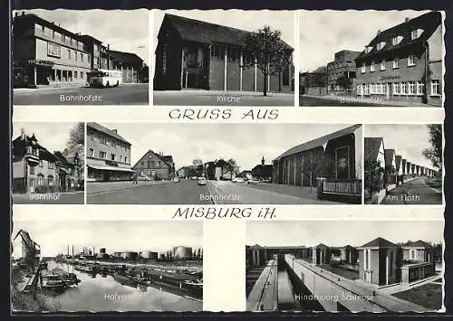 AK Misburg, Bahnhofstr., Bahnhof, Hindenburg Schleuse, Hafen, Kirche und Am Flöth