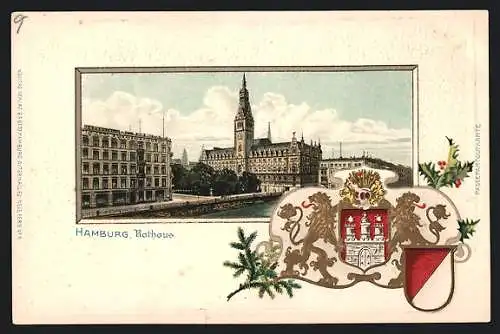 Passepartout-Lithographie Hamburg, Rathaus, Wappen