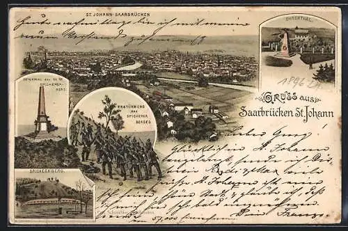 Lithographie Saarbrücken-St. Johann, Ehrenthal, Denkmal der 74er, Spichernberg