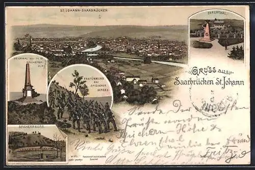 Lithographie Saarbrücken-St. Johann, Erstürmung des Spicherer Berges, Spichernberg, Ehrenthal