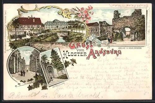 Lithographie Arnsburg, Kloster Arnsburg mit Innenansicht und Seitenschiff