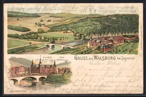 Lithographie Walsburg, Kurhotel, Ortspanorama