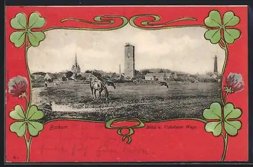 Lithographie Borkum, Blick vom Upholmer Wege mit Turm, Kleeblätter, Passepartout