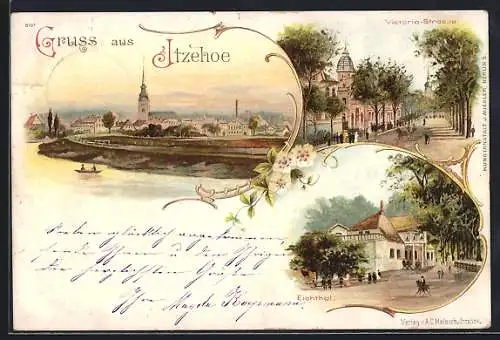 Lithographie Itzehoe, Teilansicht, Victoria-Strasse, Eichthal