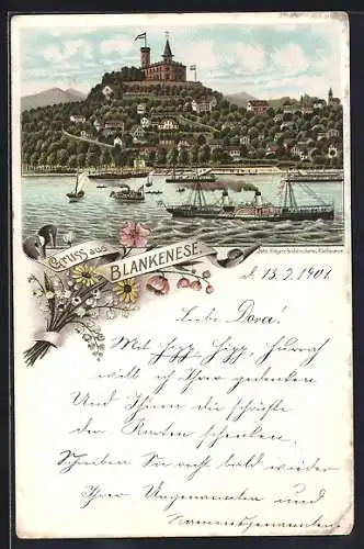 Lithographie Hamburg-Blankenese, Blick auf Süllberg vom Wasser aus