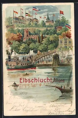 Lithographie Hamburg-Othmarschen, Gasthaus zur Elbschlucht, Dampfer an der Elbe