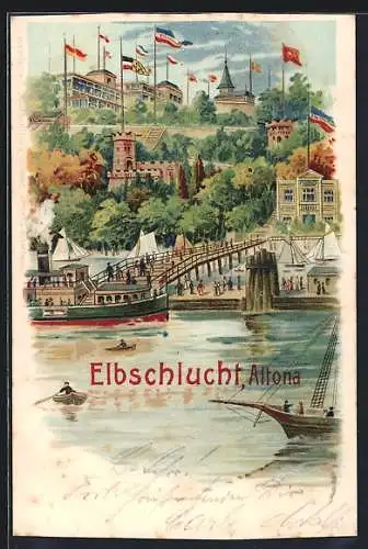 Lithographie Hamburg-Altona, Restaurant und Villa Elbschlucht, Dampfer am Anleger