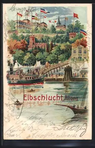 Lithographie Hamburg-Altona, Elbschlucht mit Hotel und Dampfer