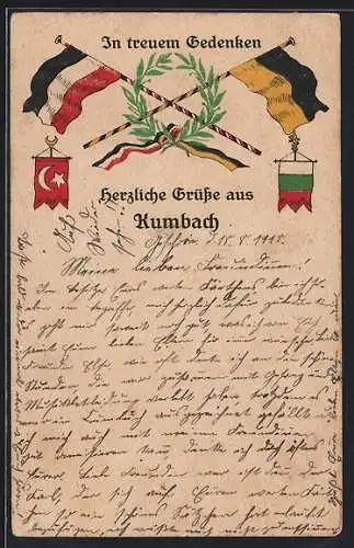 Künstler-AK Cumbach / Rudolstadt, Deutsche und österreichische Flagge, Türkischer Wimpel