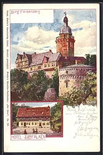 Künstler-AK Pansfelde, Hotel zum Falken und Burg Falkenstein