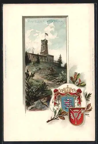 Passepartout-Lithographie Rinteln, Blick zum Klippenthurm, Wappen