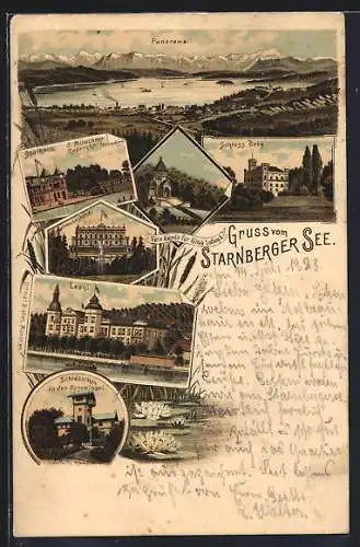 Lithographie Berg / Starnberger See, Boothaus, Hotel Leoni, Schloss Berg