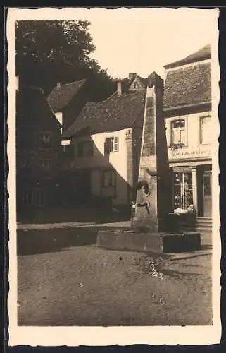 Foto-AK Blieskastel, Strassenpartie mit Geschäften und Denkmal